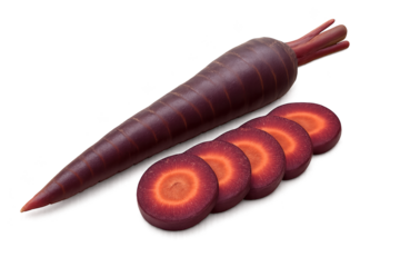Whole purple carrot with vivid orange core beside several round slices