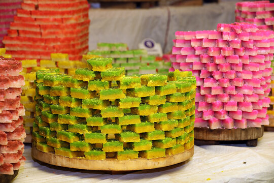 Indian sweet snacks colorful coconut burfi