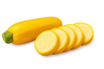 Fresh yellow squash, whole and sliced rounds arranged on transparent background