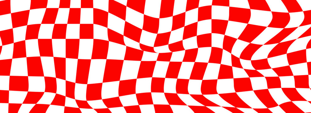 Trippy checkerboard background. Retro psychedelic checkered wallpaper. Wavy groovy chessboard surface. Distorted geometric grid chess pattern. Abstract red and white race flag backdrop. Eps10