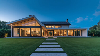 Modern luxury home with large windows and a manicured lawn at dusk