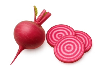 Fresh red radish with several pink-ringed round slices beside it