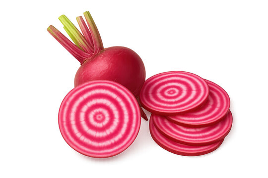 Pink striped candy beets sliced into rounds beside whole beet