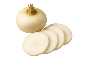 Whole white onion with several round slices fanned beside it