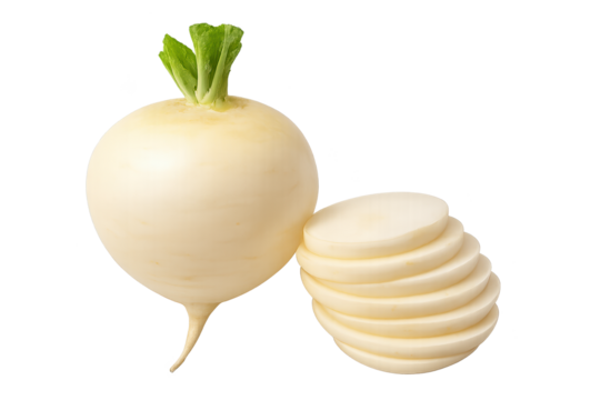 White radish with leafy top and sliced rounds