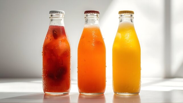 Three colorful glass bottles filled with refreshing beverages