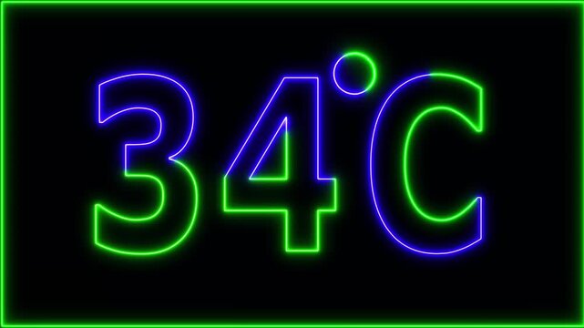 Neon 34&deg;C temperature display showing on black background. Weather temperature displays by degree, climate change, Scientific designs.