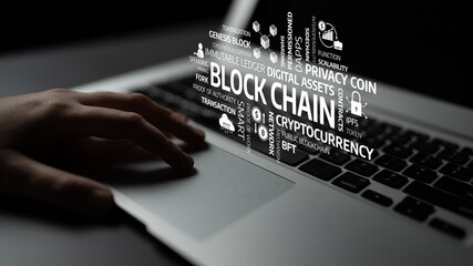 A close-up view of a hand typing on a laptop, surrounded by visual representations of blockchain and cryptocurrency concepts, emphasizing the fusion of technology and finance. Tessel