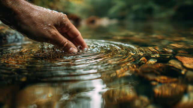 Hand touching rippling water over pebbles in nature