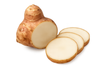 Knobby tuber with light brown skin and pale white flesh, sliced into rounds