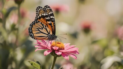 Fototapeta premium Monarch Butterfly Resting on a Pink Zinnia Flower in a Garden.