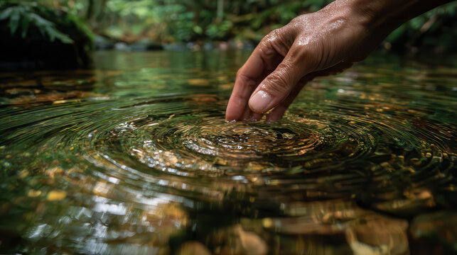 Hand gently touching rippling water in a lush forest stream