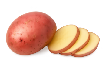 Red potato with several round slices arranged beside it