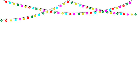 Christmas lights string isolated on white background, Illustration of bright lights, cute decoration element,  Shining colorful lamps, empty space for message, web banner template.