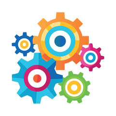 Bright colorful gear icons interconnected, flat vector style, playful mechanical concept on a white background