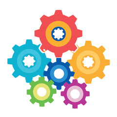 Bright colorful gear icons interconnected, flat vector style, playful mechanical concept on a white background