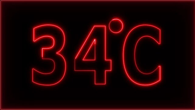 Neon 34&deg;C temperature display showing on black background. Weather temperature displays by degree, climate change, Scientific designs.
