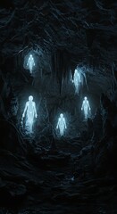 Mysterious glowing figures inside dark cave digital illustration concept