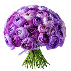 A Lush Bouquet of Purple and Pink Ranunculus Flowers Tied with a White Ribbon on a Black Background
