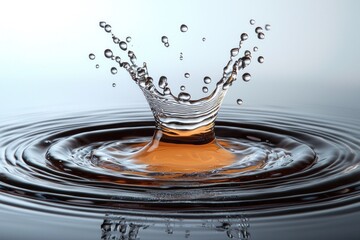 Water droplet splash creates ripples and a crown shape against a neutral background