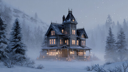 Cozy Wooden House in Snowy Forest with Warm Lights During Winter Night