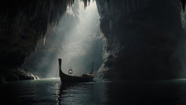 Mysterious Viking Longboat Navigates a Sunlit Cave Entrance.