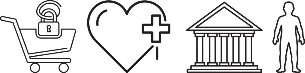 Minimalist Outline Icons of Commerce, Health, Institution, and Human Figure