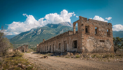 Abandoned brick building ruins with mountain backdrop under a cloudy blue sky