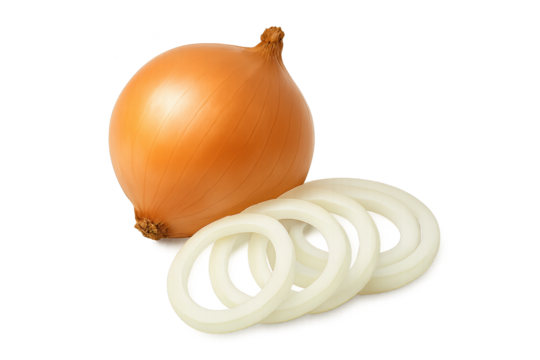 Golden onion with several white onion rings arranged on transparent background
