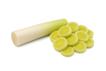 Fresh leek stalk with pale-green rings and white base, shown with sliced rounds nearby
