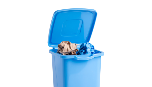 Blue plastic trash can with an open lid containing crumpled paper and other waste material, centered in the frame. solid white background