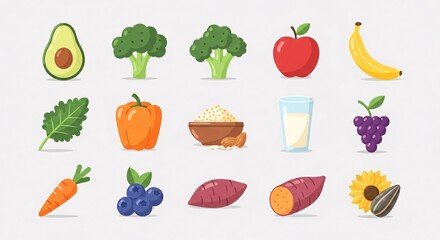 Fototapeta premium Healthy food variety illustration avocado broccoli apple banana and more