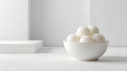 White eggs in a bowl on a white surface with minimalist background