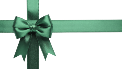 Green ribbon bow and crossing ribbon bands centered on a white background, creating a decorative element. ready for compositing