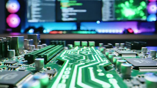 A macro shot of a computer motherboard illuminated with green and blue lighting
