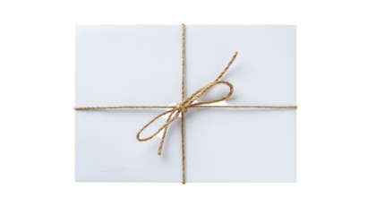 White rectangular object tied with thin brown twine forming a bow, centered on a white background, png with transparency