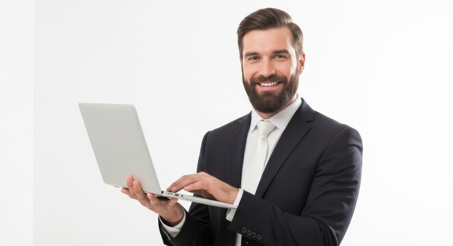 businessman working on a laptop. White background.