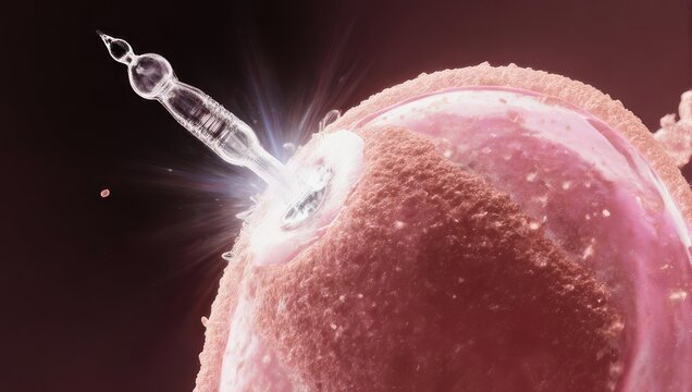 Microscopic view of sperm injection into egg cell for artificial insemination.