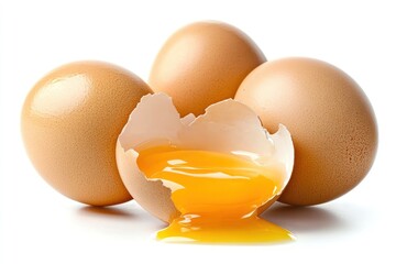 A group of brown eggs with a cracked shell, with the yolk oozing out.