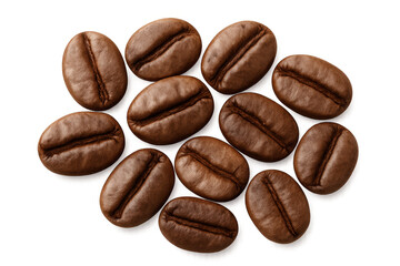 Heap of dark roasted coffee beans creating a pattern, top view, featuring texture and rich color, transparent background