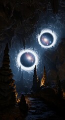 Mysterious glowing orbs floating in dark cavernous space with rock formations