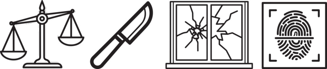Fototapeta premium Monochrome outline icons for law, crime, investigation, and justice themes.