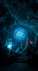 Mysterious glowing vortex inside a dark cave with stalagmites and stalactites
