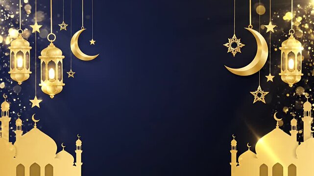 A beautiful dark blue background with golden Islamic lanterns, crescent moons, stars, and mosque silhouettes, perfect for Ramadan or Eid.
