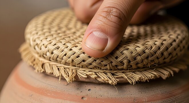 Extreme close-up of a Bahraini woman’s thumb sealing a clay jar with date-palm fiber, shallow focus highlighting traditional Bahraini craftsmanship, artisanal skill, and heritage pottery techniques.