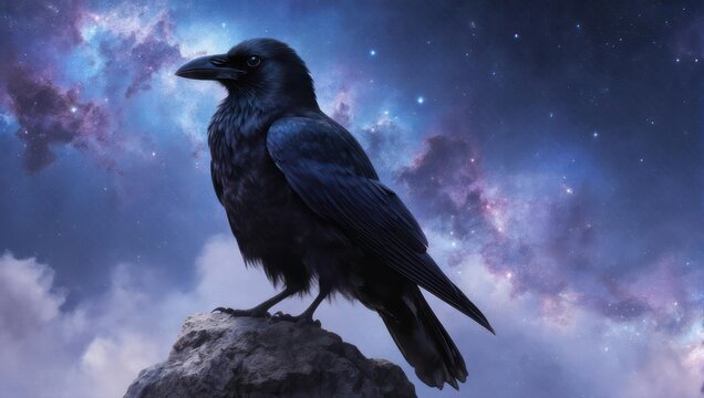 Mysterious Black Raven Perched on Rock Against Cosmic Nebula Sky. - Powered by Adobe
