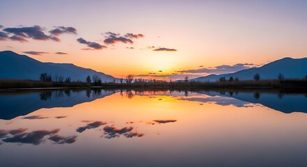 Tranquil lake reflecting mountain range and sunset colors during dusk scenery