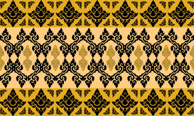 Thai traditional pattern gold black damask, oriental asian decorative motif, elegant royal vintage wallpaper, ethnic luxury ornamental design background.