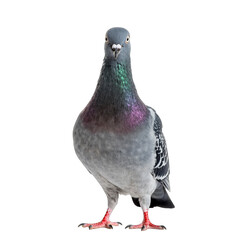 A Pigeon Standing Tall With Iridescent Neck Feathers Against A Black Background In Soft Lighting