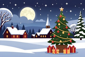 Fototapeta premium Festive Christmas Scene with Tree, Gifts, and Snowy Village Under Full Moon